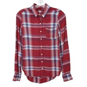 Mossimo Button Up Shirt Red Plaid Flannel High Low Roll Tab Sleeve Women’s XS